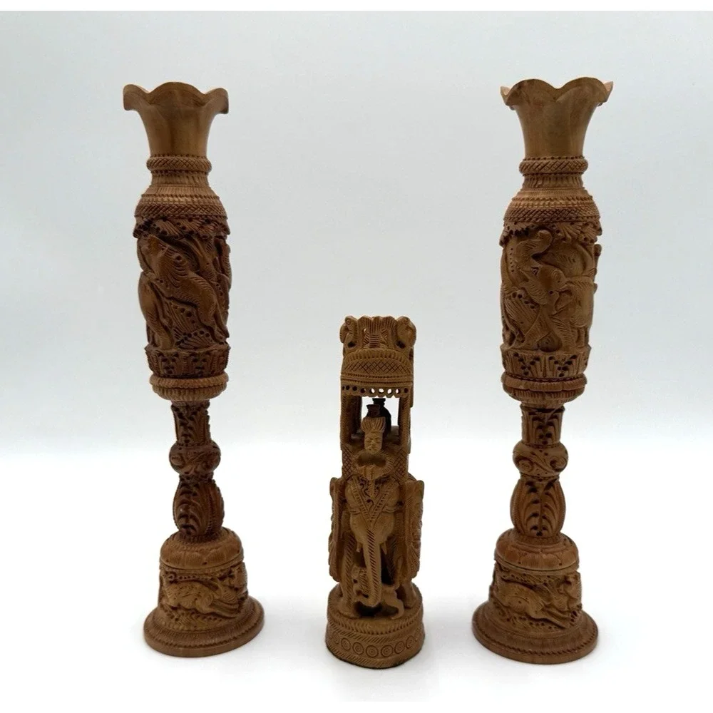 Pair Hand Carved‎ Wooden Flower Bud Vase Elephants Lions Home Garden Decor Art